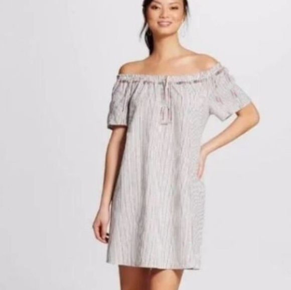 Knox Rose Womens Linen Off the Shoulder Stripped Mini Dress Size XS - Picture 1 of 7